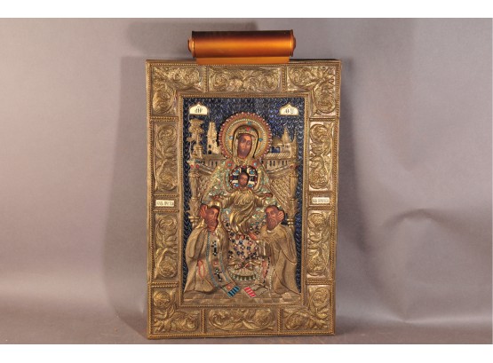 Russian Icon With Light Printed Art Behind Ornate Metal Work With Enamel Details