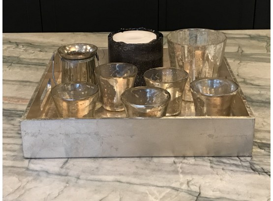 West Elm Silver Tray And Mercury Glass Votives