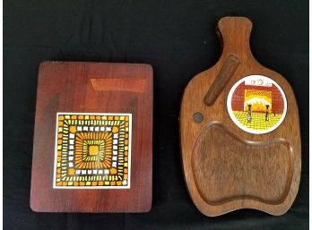 2 Mid Century Walnut And Tile Cutting/serving Boards