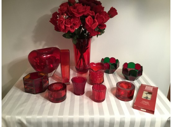 Silk Red Roses And Candle Holder Lot