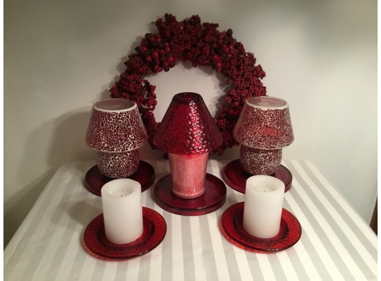 Red Berry Wreath And Candle Holder Lot