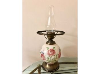 Vintage Ceramic Lamp With Painted Roses And Glass Chimney