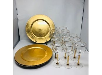 Vintage Wine Glasses With Gold Stems And Rims With Matching Gold Colored Chargers