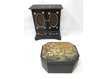 Floral Hand-painted  Jewelry Box With Shelves And Asian Inspired Wooden Box With Hinged Lid