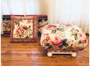 Upholstered Rose Footrest With Matching Throw Pillows