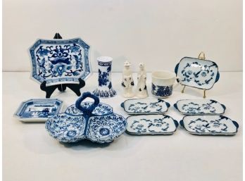 Vintage Blue And White Hand-painted And Glazed Chinoiserie On White Ceramic.