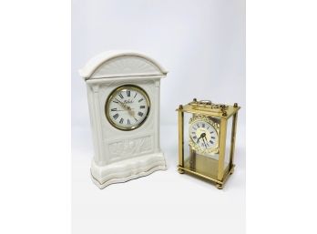 Irish Belleek White Porcelain Mantel Clock With German Bucherer Mantel Clock