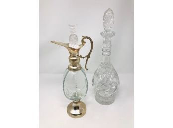 Glass And Metal Decanter With Pineapple Stopper And Large Glass Decanter
