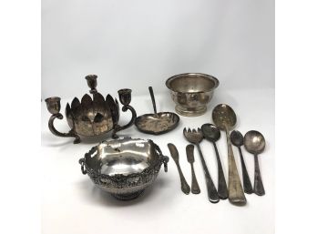 Collection Of Vintage Steel Plated Bowls And Utensils