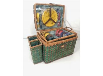 French Country Picnic Basket With Plastic Mugs, Plates, And Silverware.