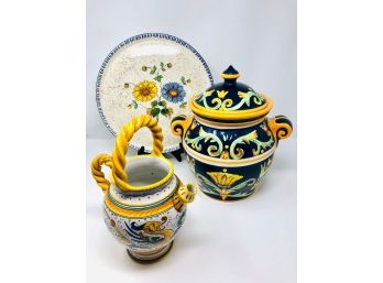 Floral Ceramic Pot, Plate, And Watering Can