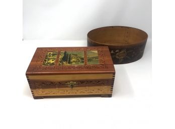 Carved And Hand-painted Wooden Box With Hinged Lid And Open Oval Wooden Box