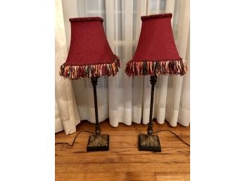 Matching Pair Of Vintage Lamps With Tasseled Lampshades