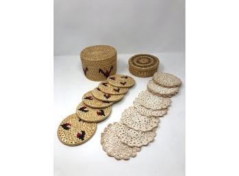 Collection Of Vintage Doilies And Wicker Coasters