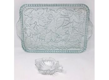 Glass Serving Tray With Etched Leaf Design And Leaf-shaped Finger Bowl