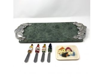 Green Marble Cutting Cheese Tray With Fruit Design Handles And Novelty Spreaders
