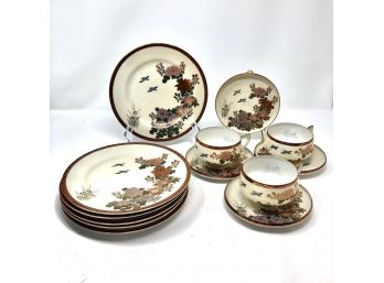 Japanese Hand-Painted China Set With Flower And Bird Design