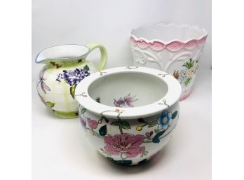 Ceramic Planters And Pitcher With Floral Hand-painted Designs