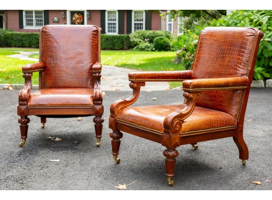Pair Of Henredon Ralph Lauren Collection Crocodile Embossed Leather Arm Chairs (RETAIL $7,500)