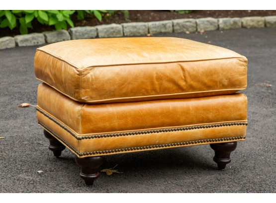 Distressed Leather Ottoman Bench On Wooden Legs