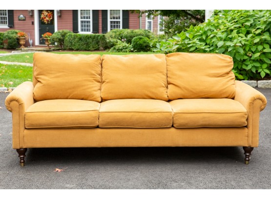Sofa Company Three Cushion Custom Made Sofa With Brass Trimmed Wooden Legs