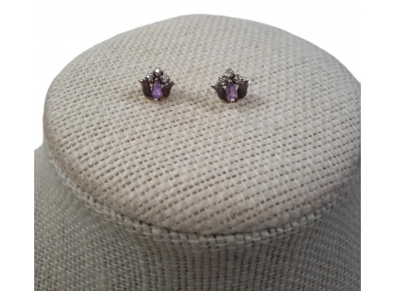 Petite Silver Earrings With Diamond And Amethyst