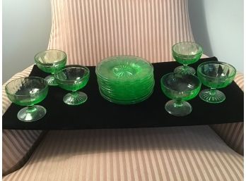 Lot Of Mixed Vintage Green Depression Glass Including Sherbets And Underplates