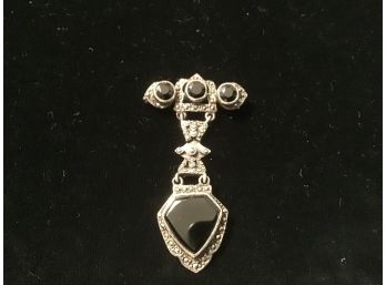 Sterling Silver, Marcasite, And Onyx Pin