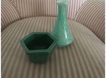 Green Lot Including Haeger USA Footed Pot And Swirled Glass Vase