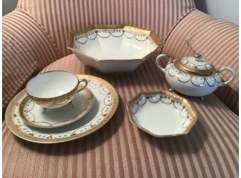 Vintage Nippon Bone China Lot Including Luncheon Plates, Berry Bowls, Cups And Saucers, Serving Bowl, Etc.