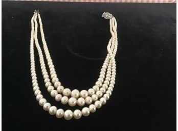 Triple Strand Pearl Necklace With Lovely Rhinestone Closure