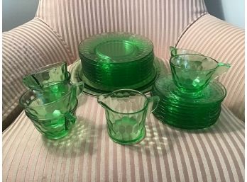 Lot Of Vintage Green Depression Glass Including Platter, Luncheon Plates, And Cups And Saucers