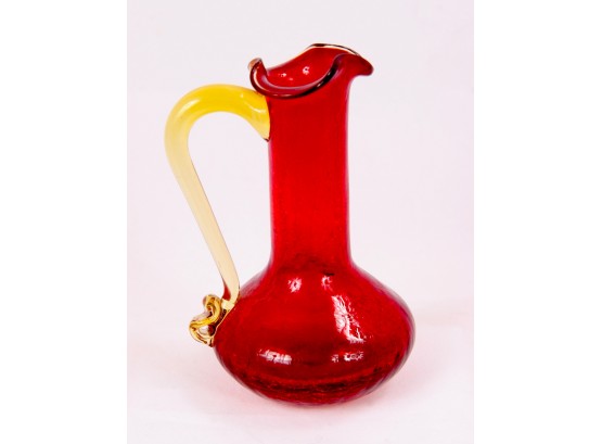 Vintage Red Crackle Hand Blown Glass Pitcher