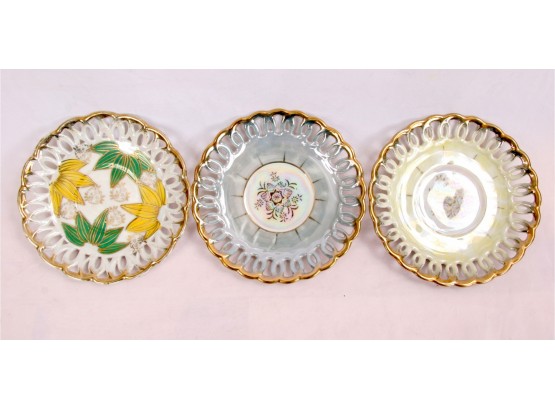 3 Vintage FAN CREST FINE CHINA JAPAN Iridescent Saucers Hand Painted