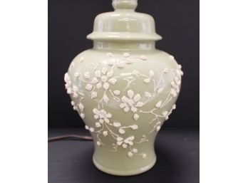 Vintage Celedon Green Porcelain Table Lamp W/Applied White Porcelain Flowers, No Shade