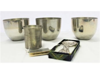 Vintage Assorted Pewter Kirk Jefferson Cups, WT Cup & Art Pewter Silver Ltd Celtic Spoon