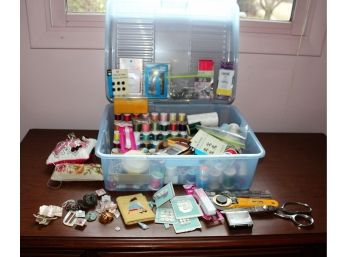 Large Sewing Box & Assorted Thread Spools, Needles, Vintage Buttons & Accessories