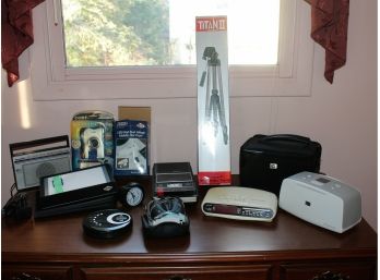 Assorted Lot Binoculars, Clocks, Photo Printer, Tripod, Portable CD Player & More!!