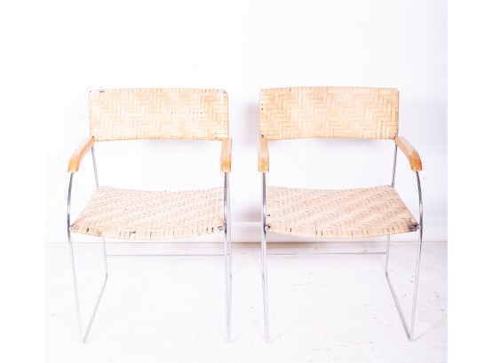 Pair Of Mid-Century Modern Rattan & Chrome Chairs