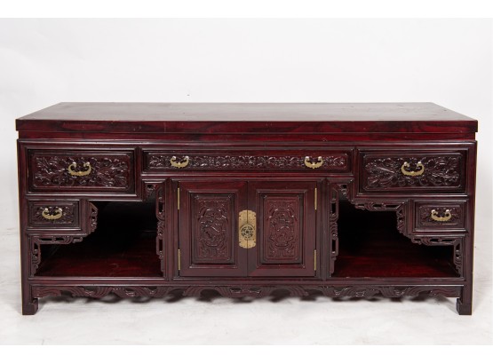 Exquisite Ornately Carved Cherry Asian Sideboard