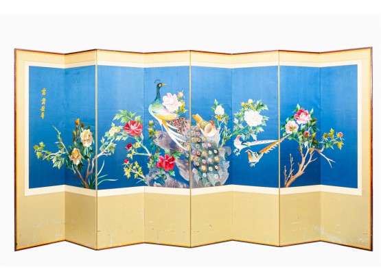 Magnificent Eight Panel Embroidered Silk Folding Screen With Peacock & Peony Design