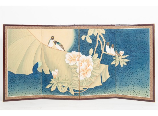 Chinese Four Panel Painted Silk Of Doves & Peonies