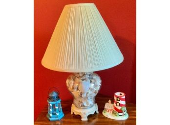 Beachy Shell Lamp & Two Lighthouse Candle Holders