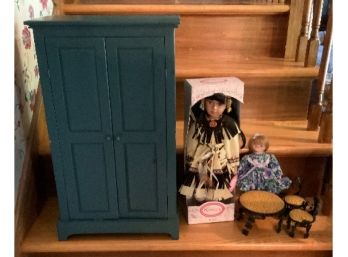 Small Cabinet, Kinnex Indian Doll, Dolly Dingle Porcelian Face And Hand And Furniture