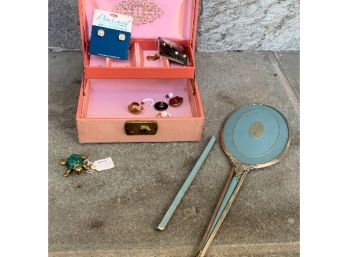 Jewelry Lot # 3 ~ Vintage Pink Jewelry Box, Art Deco Mirror And Jewelry