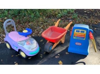 Vintage Toy Lot ~ Little Tikes Gas Pump, Fisher Price Wheel Barrow & Ride-on