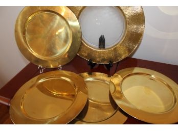 Four Brass Chargers & A Gold Rimmed Serving Plate
