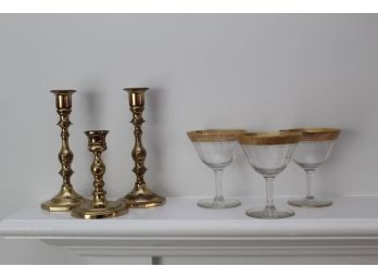 Baldwin Brass Candle Holders And Gold Rimmed Glasses
