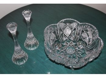 Lead Crystal Footed Bowl & Candle Holders