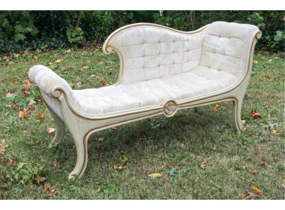 Vintage Tufted Upholstered Neutral Asymmetrical Settee With Gold Accents